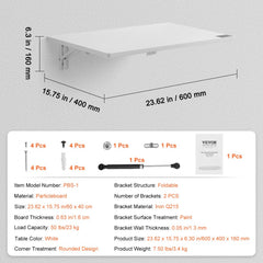 White wall-mounted folding table, 23.62 by 15.75 inches, with brackets and specs.