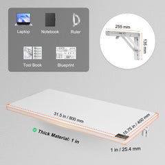 White wall-mounted folding table, 31.5 by 15.75 inches, with 1-inch thick material and 255 mm bracket.