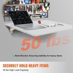 White wall-mounted folding table with drop leaf design and rounded edges for safety.