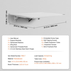 White wall-mounted folding table with drop leaf design, measuring 31.5" x 19.69".