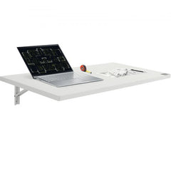 White wall-mounted folding table with rounded corners and slow-closing mechanism.