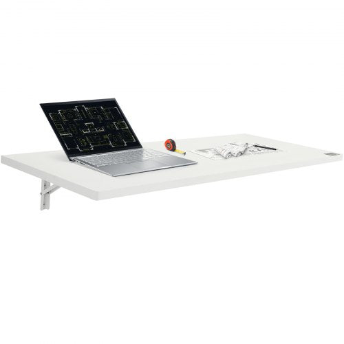 White 47.24-inch wall-mounted folding drop leaf table with laptop and papers on top.