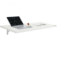 White 47.24-inch wall-mounted folding drop leaf table with laptop and papers on top.