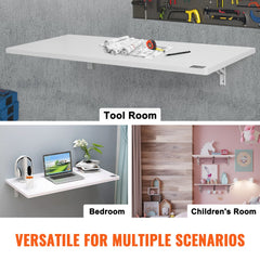 White 47.24-inch wall-mounted folding drop leaf table shown in tool room, bedroom, and children's room settings.