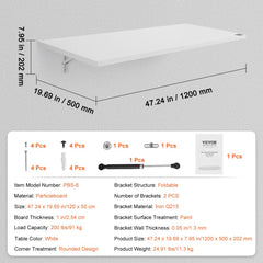 White 47.24-inch wall-mounted folding drop leaf table with brackets.