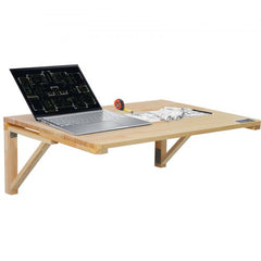 Wall mounted folding table made of pine wood, 31.5" x 23.62", with rounded corners.