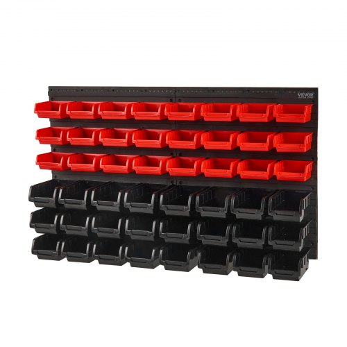 Wall-mounted black and red plastic storage organizer with 48 bins.