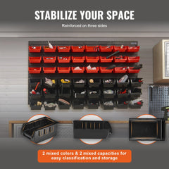 Wall-mounted black and red plastic storage organizer with 48 bins for tools and parts.