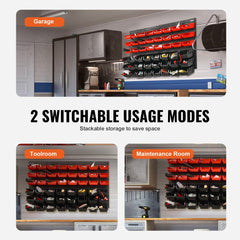 Wall-mounted black and red plastic storage organizer with 48 bins, shown in garage and toolroom setups.