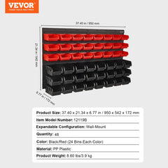 Wall-mounted plastic storage organizer with 48 black and red bins.