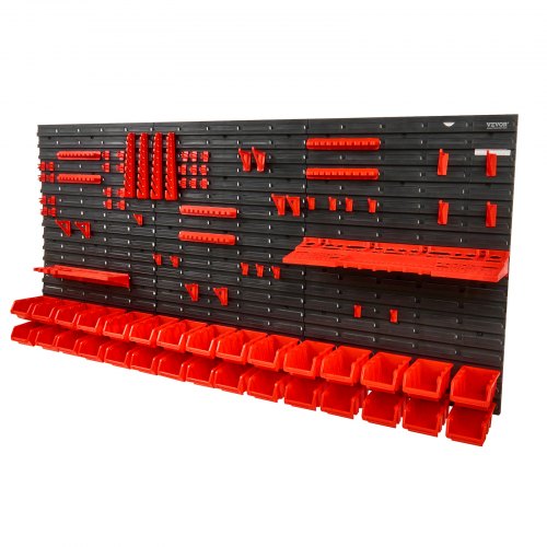 Black and red wall-mounted plastic storage organizer with 30 bins.