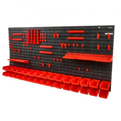 Black and red wall-mounted plastic storage organizer with 30 bins.