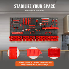 Wall-mounted black plastic organizer with 30 red bins for tool storage.