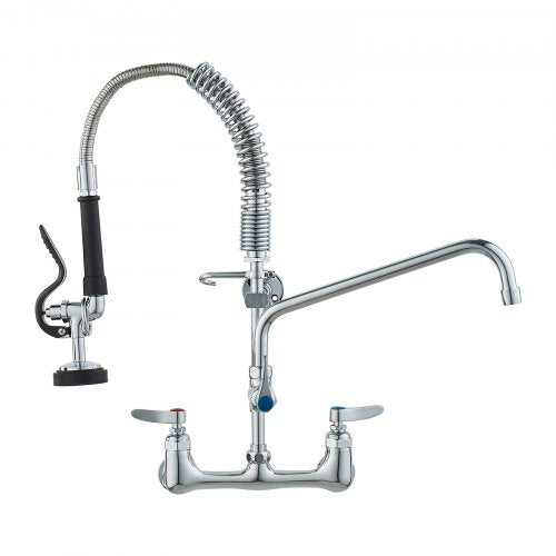 Brass wall mount pre-rinse sprayer with swivel spout and dual temperature control.
