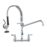 Brass wall mount pre-rinse sprayer with swivel spout and dual temperature control.