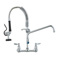 Brass wall mount pre-rinse sprayer with swivel spout and dual temperature control.