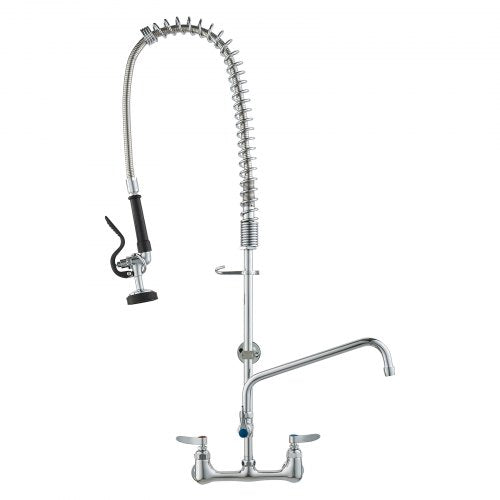 Wall-mounted commercial pre-rinse faucet with 36-inch hose, brass construction, and 8-inch centers.