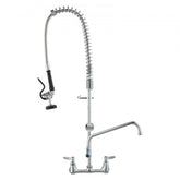 Wall-mounted commercial pre-rinse faucet with 36-inch hose, brass construction, and 8-inch centers.