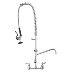 Wall-mounted commercial pre-rinse faucet with 36-inch hose, brass construction, and 8-inch centers.