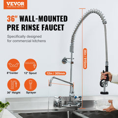 Wall-mounted commercial pre-rinse faucet with 36-inch hose, 8-inch centers, and brass construction.