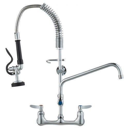 Wall-mounted brass commercial faucet with pre-rinse sprayer, 25-inch height, and 8-inch centers.
