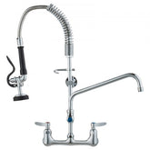 Wall-mounted brass commercial faucet with pre-rinse sprayer, 25-inch height, and 8-inch centers.