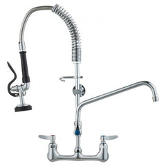 Wall-mounted brass commercial faucet with pre-rinse sprayer, 25-inch height, and 8-inch centers.