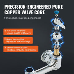 Brass wall mount commercial faucet with pre-rinse sprayer, 25-inch height, 8-inch center spacing