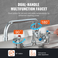Wall-mounted brass commercial faucet with dual handles, pre-rinse sprayer, and 8-inch centers.