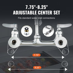 Brass wall mount commercial faucet with pre-rinse sprayer, 25-inch height, and 8-inch adjustable centers.