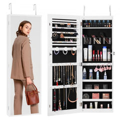 White lockable mirror jewelry cabinet mounted on wall or door with velvet-lined storage.