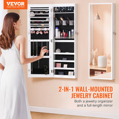 White wall or door mounted jewelry cabinet with a full-length mirror and lockable storage.
