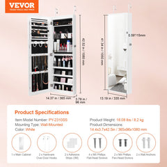 White wall or door mounted jewelry cabinet with a full-length mirror and lockable storage.