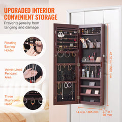 Brown lockable mirror jewelry armoire, 42.5 inches tall, with velvet-lined storage for earrings, necklaces, rings, and drawers.