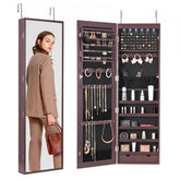 Brown wall-mounted jewelry cabinet with a full-length mirror and secure storage features.