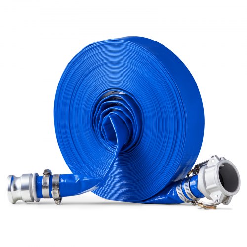 Blue PVC backwash hose, 1.5 inches by 100 feet, designed for pool and pump drainage.