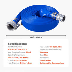 Blue PVC backwash hose, 1.5 inches by 100 feet, designed for pool and pump drainage.