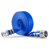 Blue PVC backwash hose, 1.5 inches wide and 50 feet long, with fittings for secure connections.