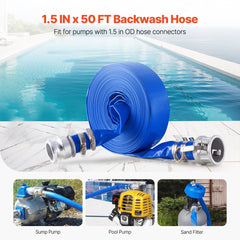 Blue PVC backwash hose, 1.5 inches by 50 feet, with aluminum fittings and stainless steel clamps.