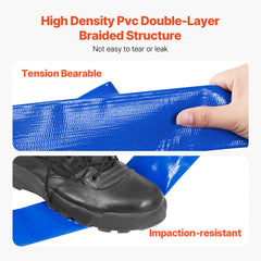 Blue PVC backwash hose, 1.5 inches by 50 feet, with fittings for secure connections.