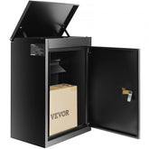 Black wall-mounted package delivery box made of galvanized steel with a secure coded lock.