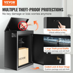 Black wall-mounted delivery box made of galvanized steel with a secure coded lock.