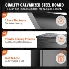 Black wall-mounted package delivery box made of galvanized steel with a secure coded lock.