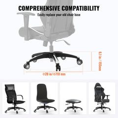 28-inch heavy-duty office chair base with five-star frame, 2500 lbs capacity, and universal fit shown replacing various chair bases.