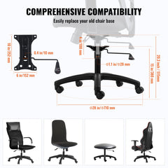 Diagram of 28-inch nylon office chair base replacement showing dimensions, mounting, and compatibility with various chairs.