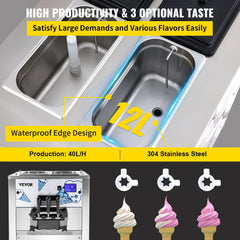 Commercial soft serve ice cream machine with 3 flavors, 12L hoppers, and 304 stainless steel construction.