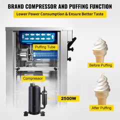 Bostome soft serve ice cream machine with 3 flavors, compressor, puffing tube, and cones shown.