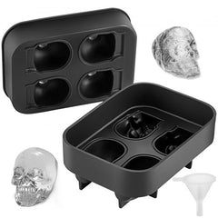 Silicone ice cube tray with four skull-shaped molds and a secure lid for easy freezing.
