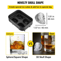Silicone ice cube tray with four skull molds and a lid for making unique ice balls.