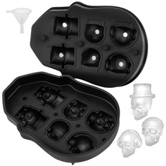 Black silicone skull ice cube tray with 6-grid mold, snap-on lid, funnel, and sample skull ice.